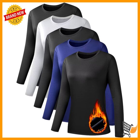 5 Pack Long Sleeve Thermal Shirts Ultra Soft Fleece-Lined Crew Neck Baselayer